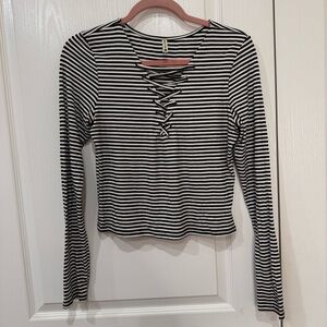 LF Emma & Sam Black and White Striped Lace-Up Long Sleeve Top